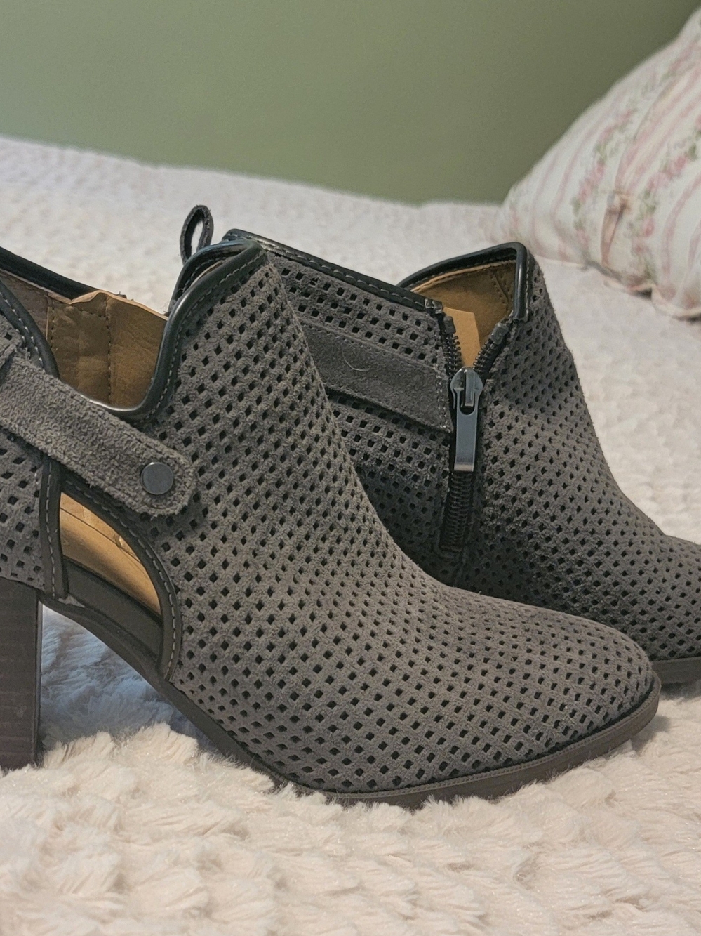 Franco Sarto Grey Perforated Suede Heeled Ankle Boot